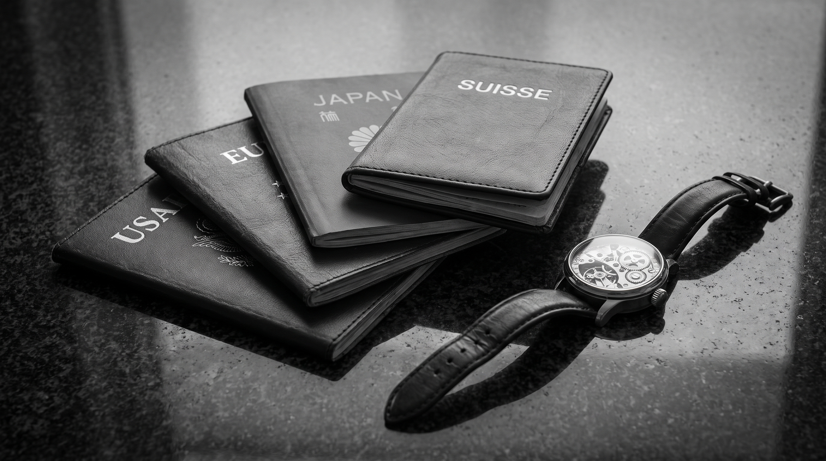 Close-up of international passports and precision timepiece on dark granite.