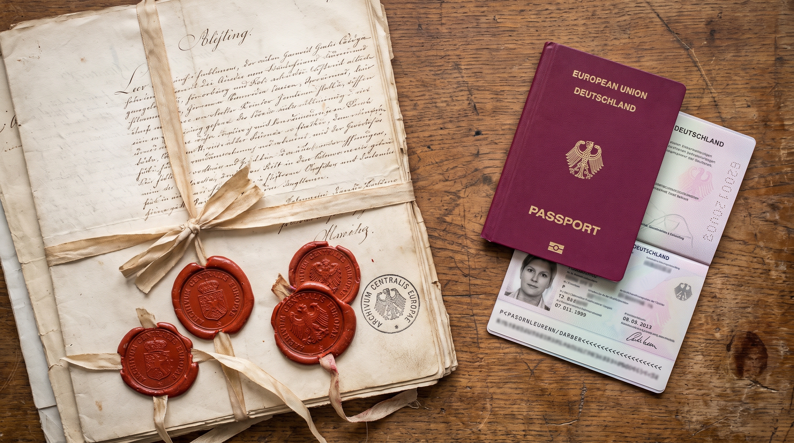 Historical migration documents and modern EU passport on a dark wood desk